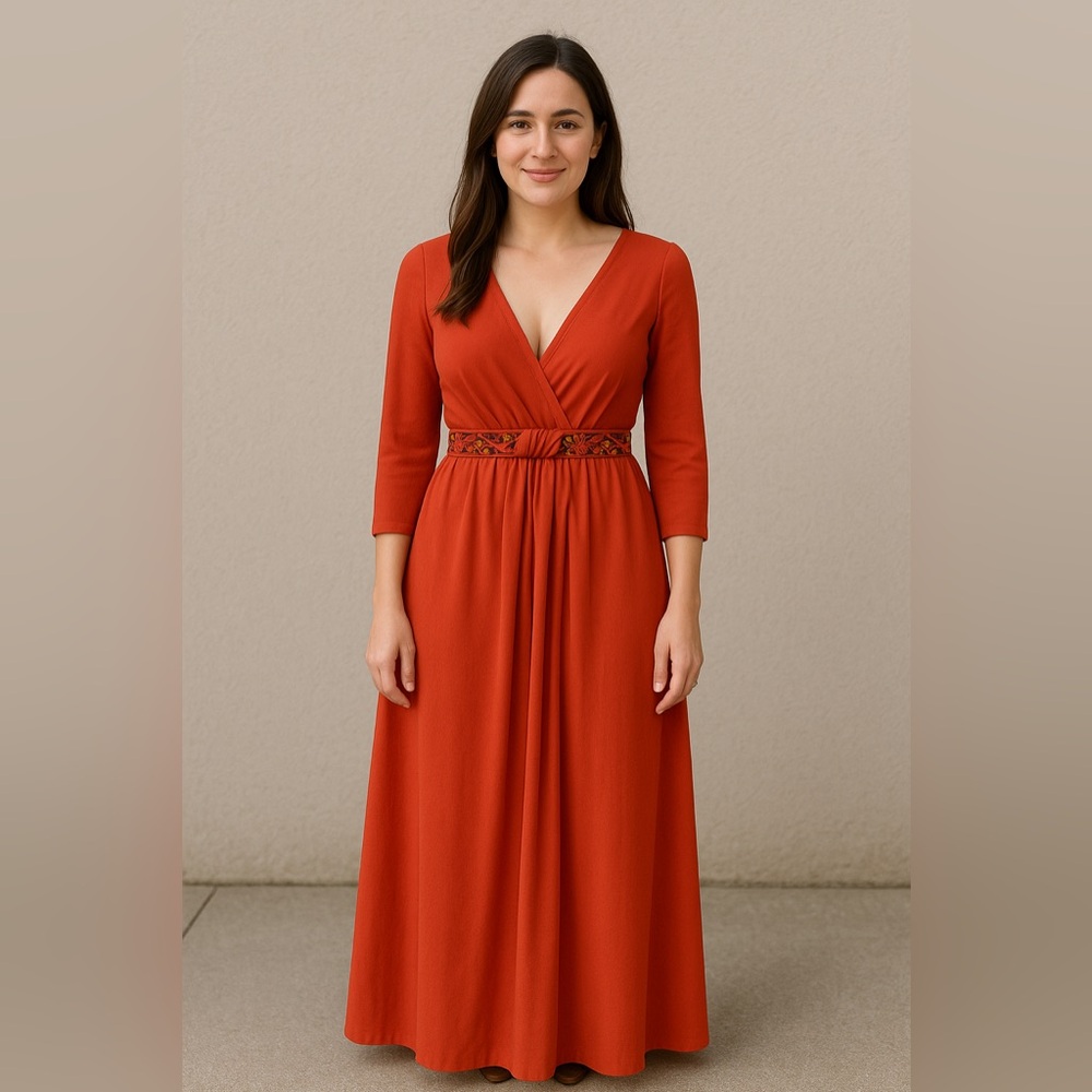 Vintage Orange Long Sleeve Maxi Dress with Belt